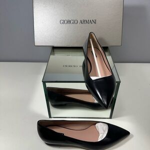 Giorgio Armani Black Pointed-Toe Leather Flats